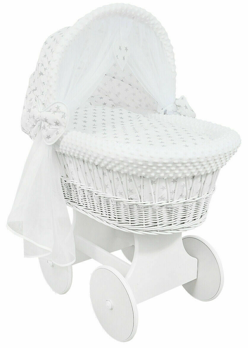White Wicker Wheels Crib/Baby Moses Basket & Bedding Grey Stars On White/Dimple