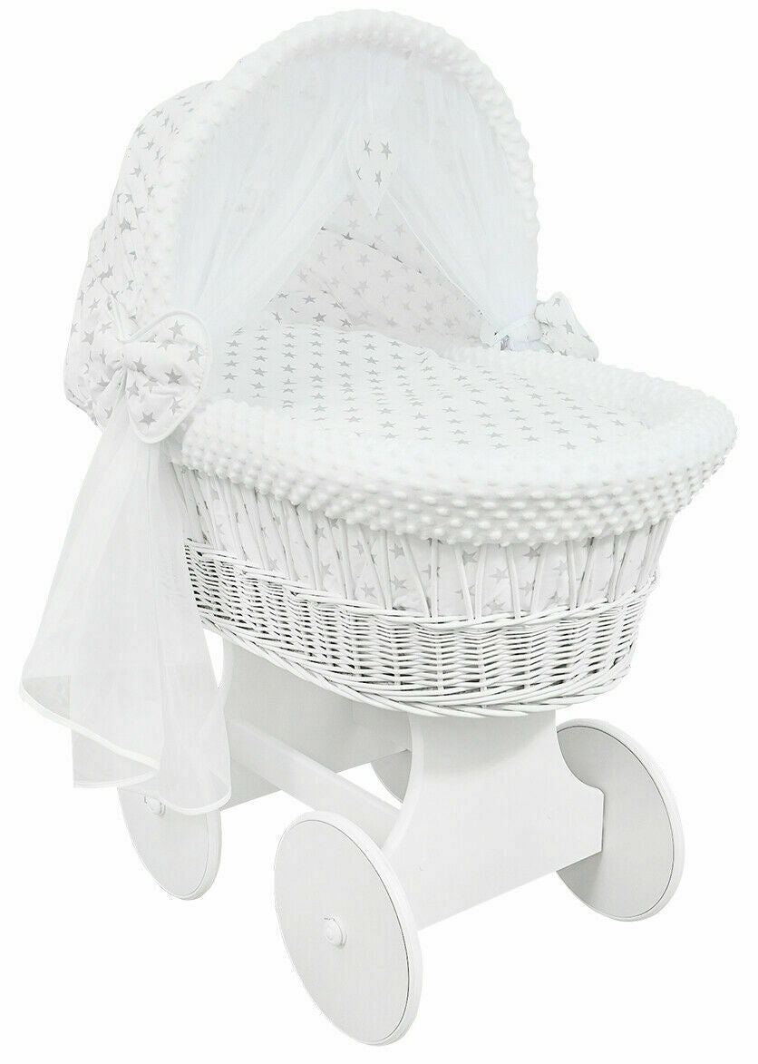 White Wicker Wheels Crib/Baby Moses Basket & Bedding Grey Stars On White/Dimple - MyHappy Baby