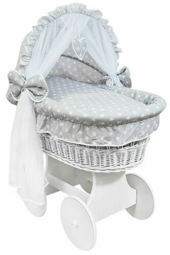 White Wicker Wheels Crib/Baby Moses Basket & Bedding White Stars On Grey - 100% Cotton