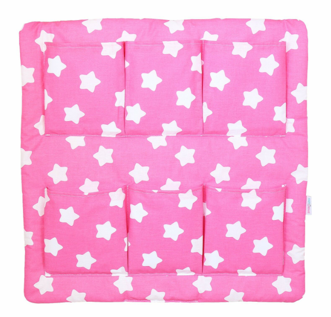 Cot Tidy Organiser Hanging Storage 6 Pockets Big White Stars On Pink