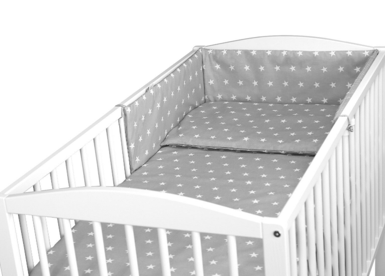 Baby 3Pc Bedding Set Pillow Duvet Bumper Fit Cot 120x60cm Small White Star On Grey