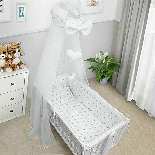 Baby Cot Bedding Set - 10 Piece Including Cot Bumper, Pillow, Duvet and Canopy to Fit Crib 90x40cm Small Stars On White - 100% Cotton