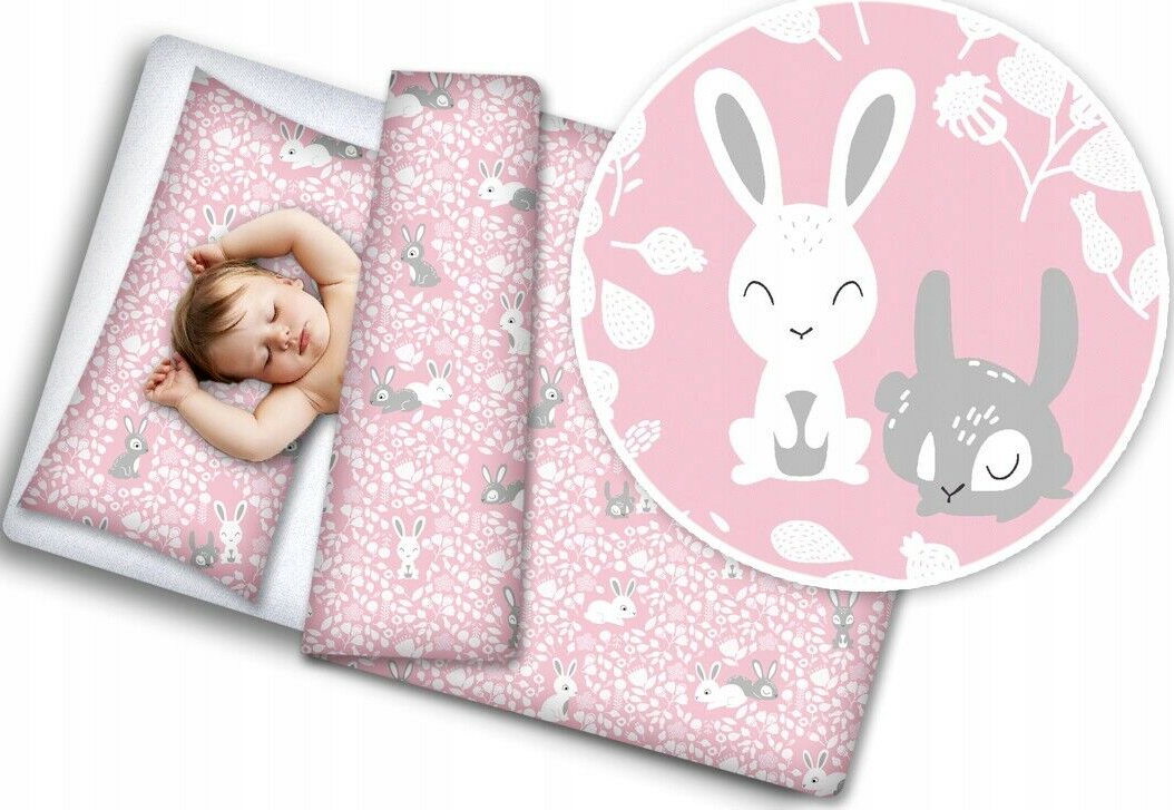 Baby bedding set 2pc 100% cotton pillowcase duvet cover 70x80cm fit crib - Bunny Pink