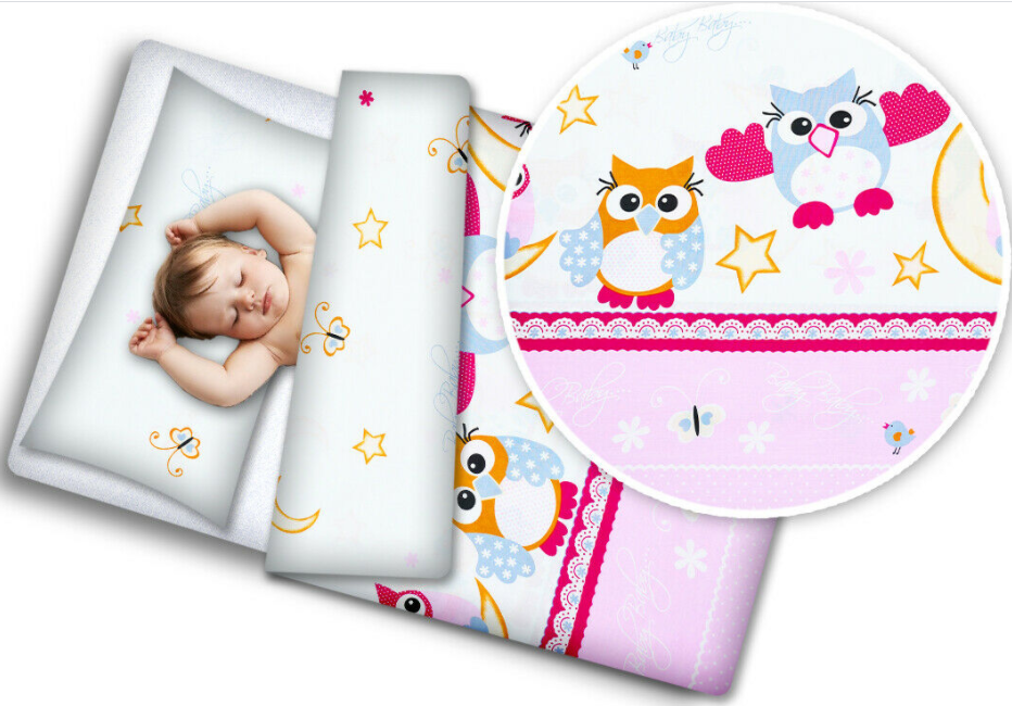 Baby 4Pc Bedding Set With Pillow And Duvet Nursery 120x90cm Owls Moon Pink