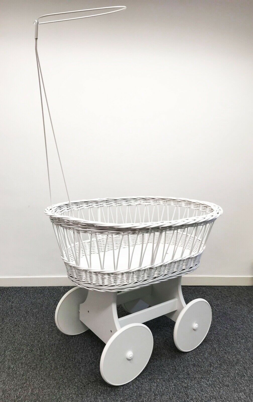 Grey/White Wicker Wheels Crib Baby Moses Basket With Canopy Holder - MyHappy Baby