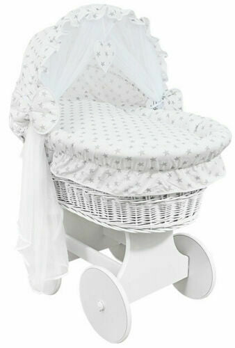 White Wicker Wheels Crib/Baby Moses Basket & Bedding Grey Stars On White - 100% Cotton