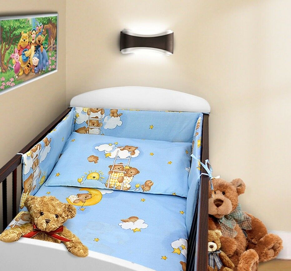 Baby 3Pc Bedding Set Pillow Duvet Bumper Fit Cot 120x60cm Teddy Ladder Blue