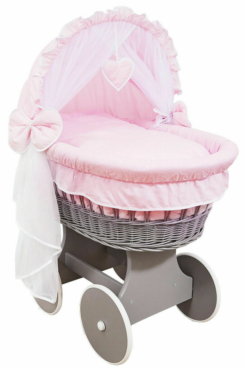 Grey Wicker Wheels Crib/Baby Moses Basket & Complete Bedding Pink - 100% Cotton