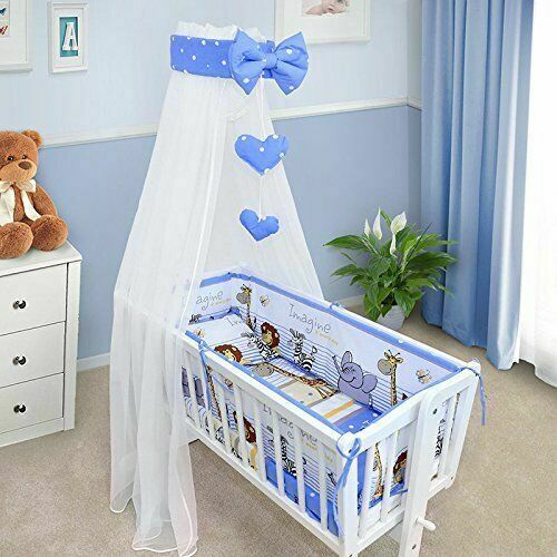 Baby Cot Bedding Set - 10 Piece Including Cot Bumper, Pillow, Duvet and Canopy to Fit 90x40cm Crib Safari Blue - 100% Cotton