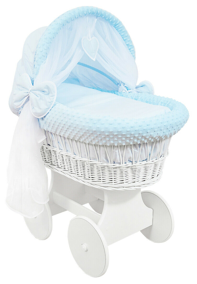 White Wicker Wheels Crib/Baby Moses Basket + Complete Bedding Blue/Dimple