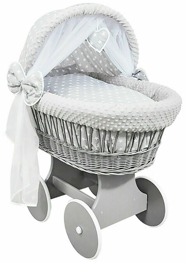 Grey Wicker Wheels Crib/Baby Moses Basket & Bedding White Stars On Grey/Dimple