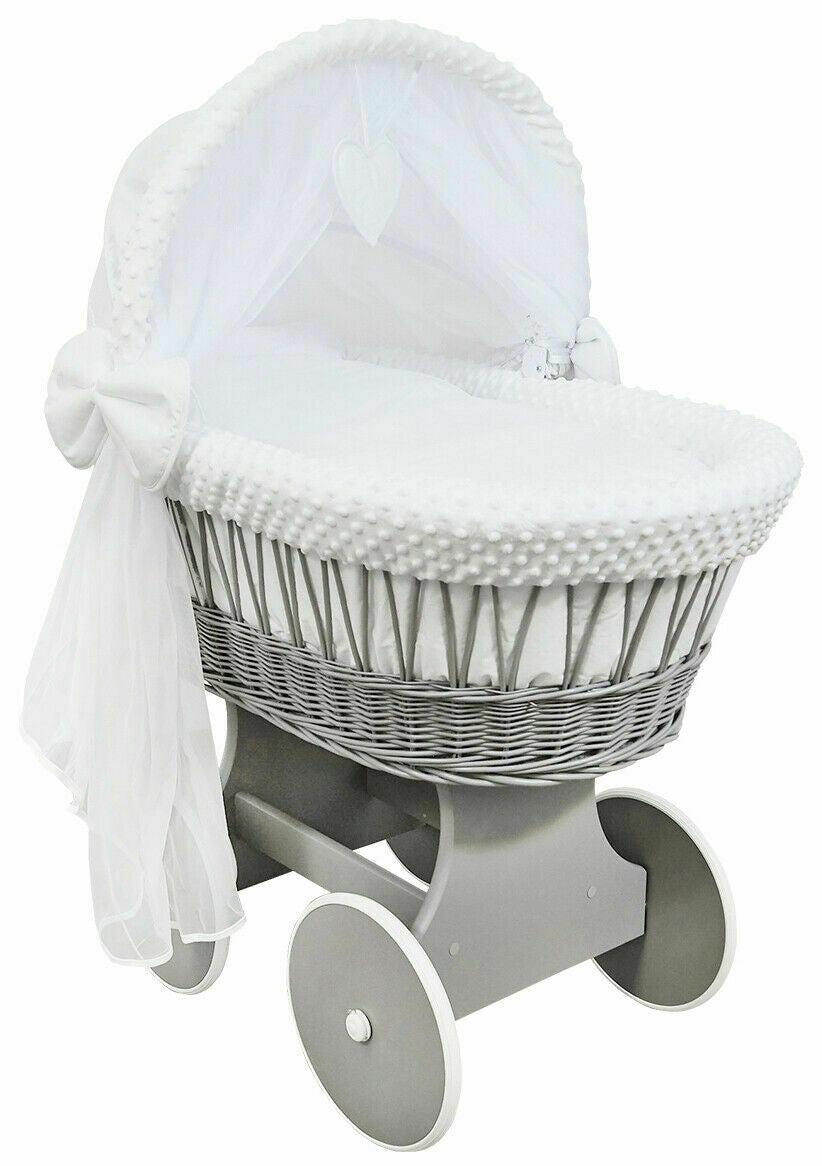 Grey Wicker Wheels Crib/Baby Moses Basket & Complete Bedding White/Dimple - MyHappy Baby