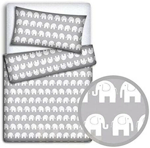 Baby 3Pc Bedding Set Cotton Pillow Duvet Bumper Fit Cot 120x60 Elephants On Grey