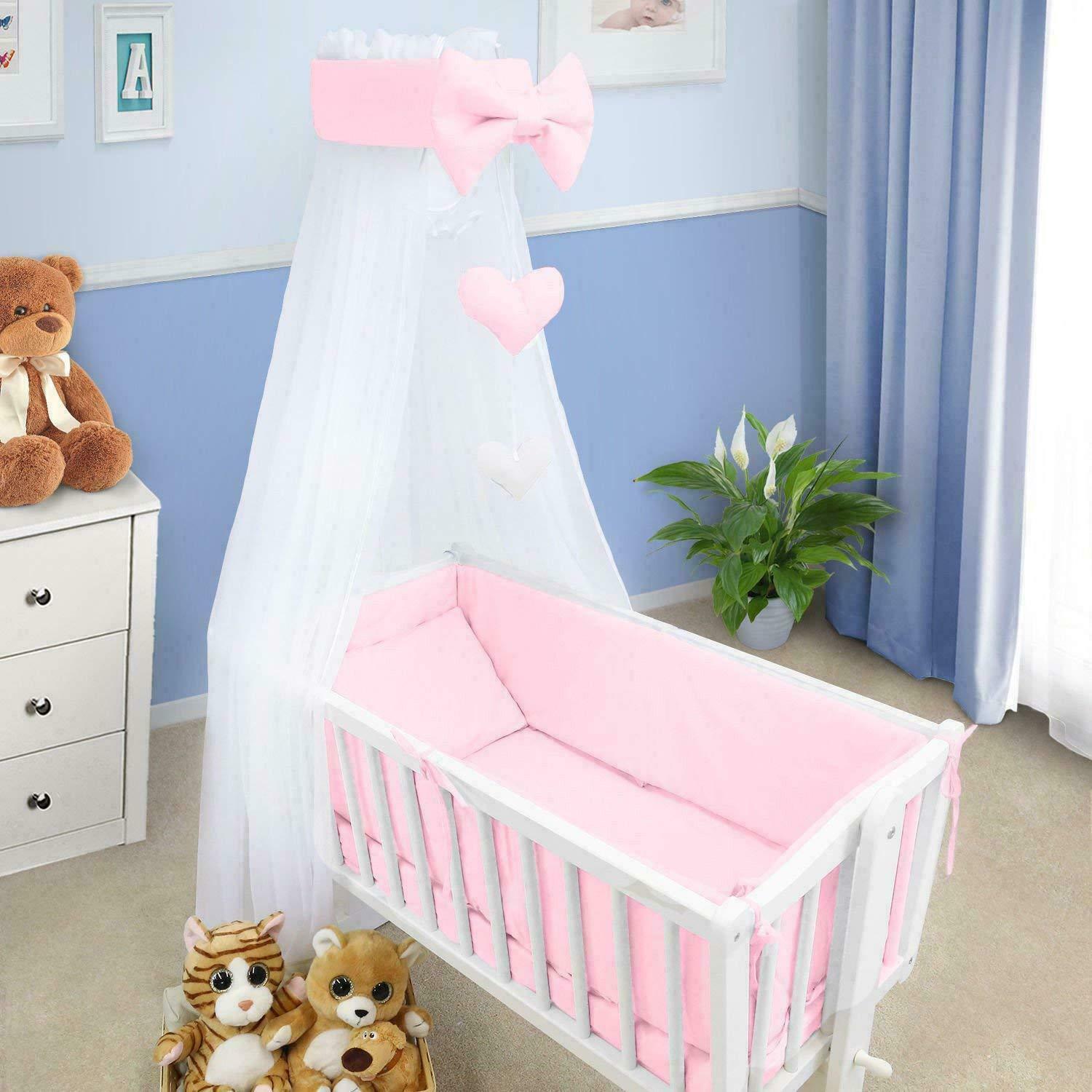 Baby Cot Bedding Set - 10 Piece Including Cot Bumper, Pillow, Duvet and Canopy to Fit 90x40cm Crib Pink - 100% Cotton