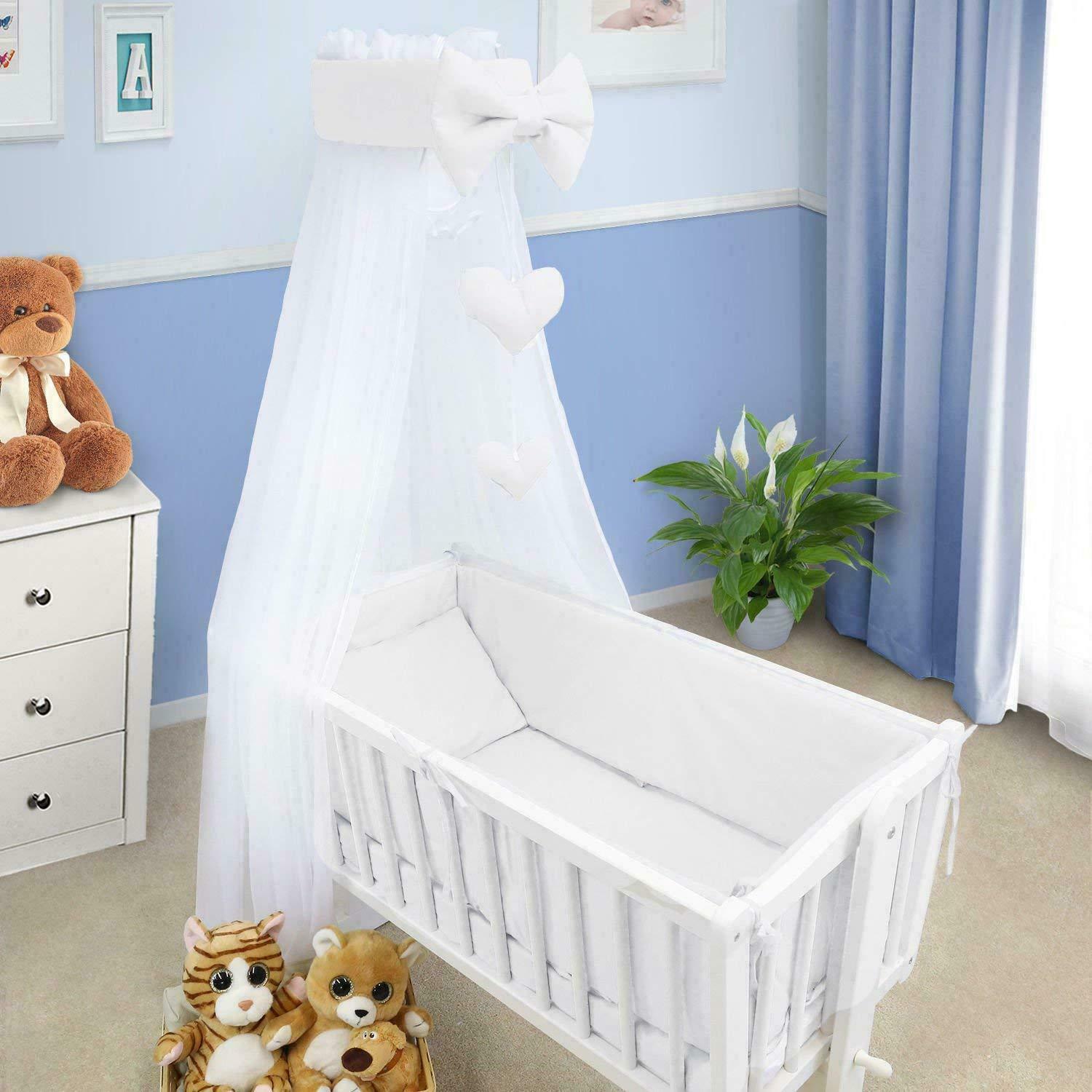 Baby Cot Bedding Set - 10 Piece Including Cot Bumper, Pillow, Duvet and Canopy to Fit 90x40cm Crib White - 100% Cotton