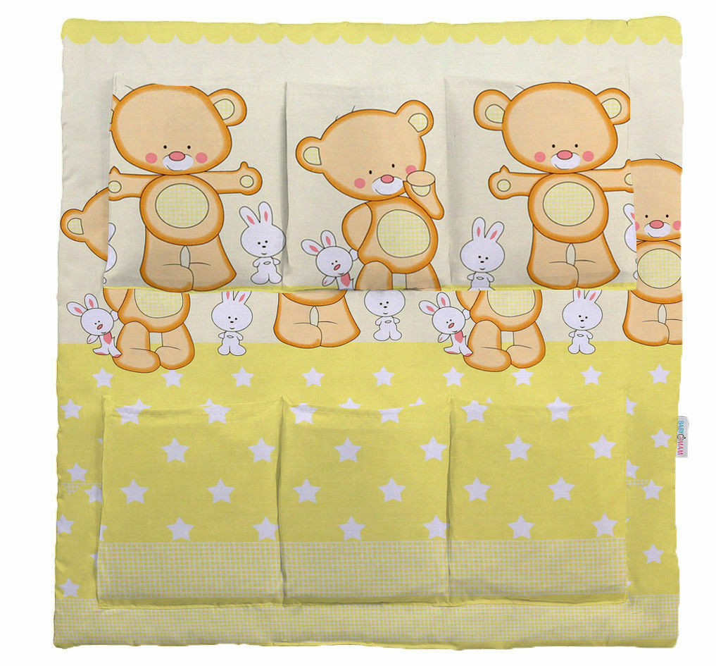 Cot Tidy Organiser Bed Nursery Hanging Storage 6 Pocket Cotton Bear Bunny Yellow