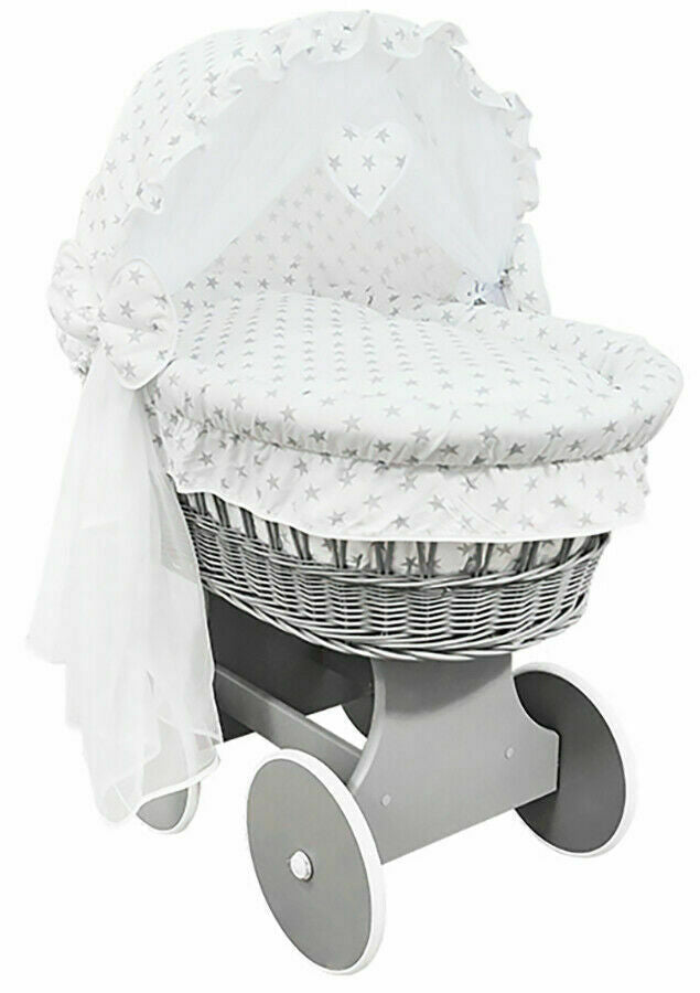 Grey Wicker Wheels Crib/Baby Moses Basket & Bedding Grey Stars On White - 100% Cotton