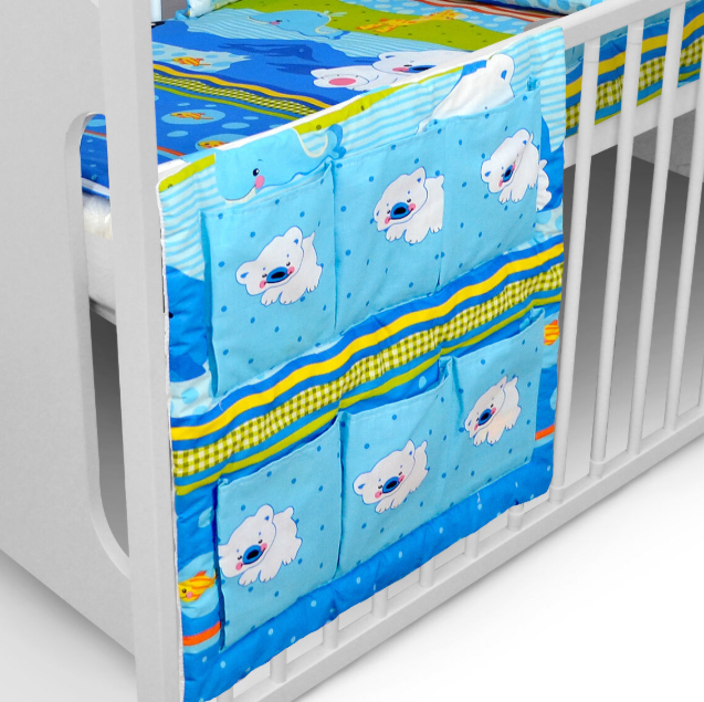 Baby Bed Organiser Nursery Hanging Storage 6 Pockets Cot Tidy Teddy &Fish Blue