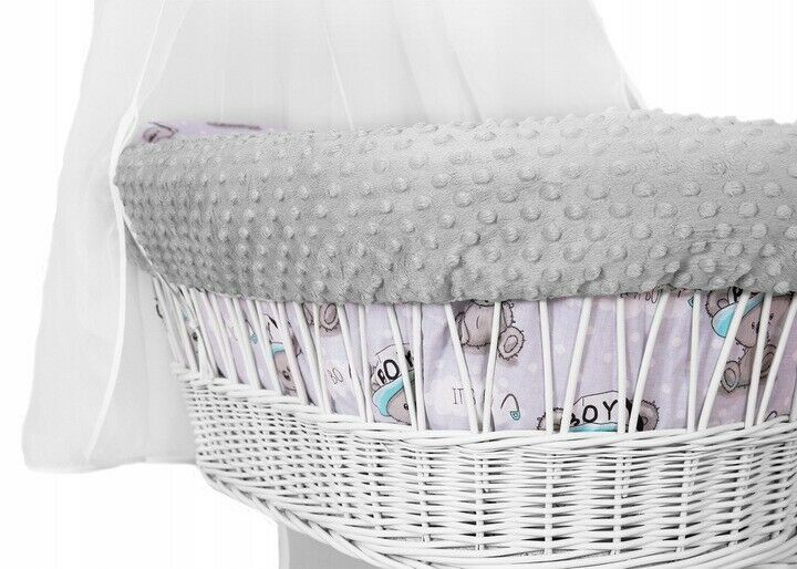 White Wicker Moses Basket Wheel Baby+Full Dimple Bedding Set Teddy Boy Grey - MyHappy Baby