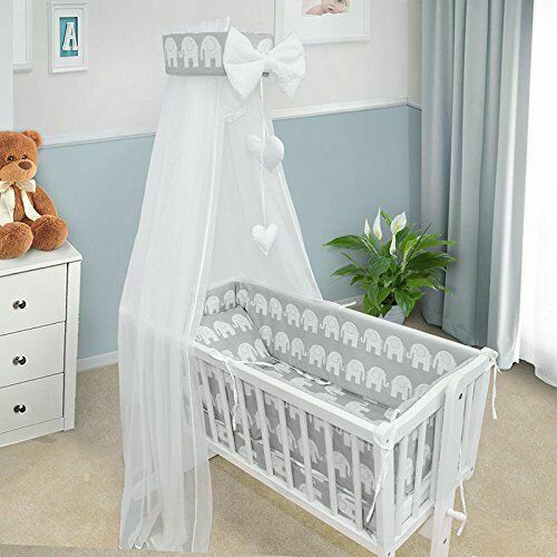 Baby Cot Bedding Set - 10 Piece Including Cot Bumper, Pillow, Duvet and Canopy to Fit 90x40cm Crib Elephants Grey - 100% Cotton
