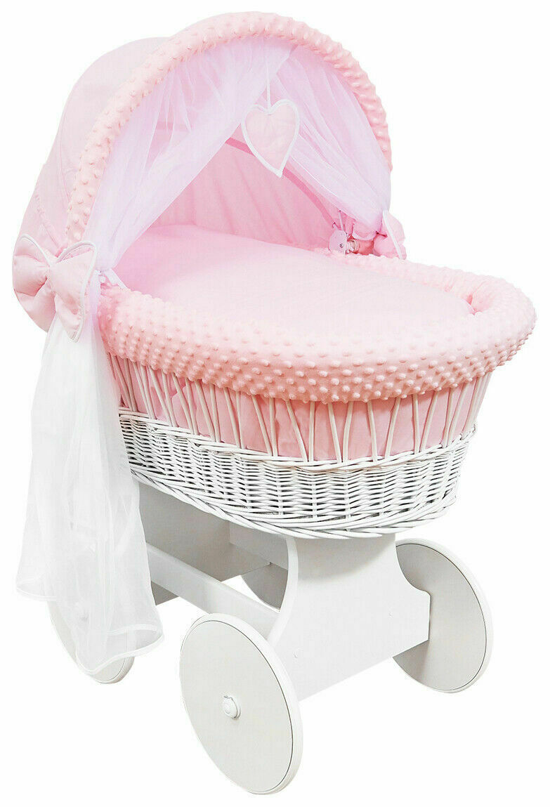 White Wicker Wheels Crib/Baby Moses Basket + Complete Bedding Pink/Dimple