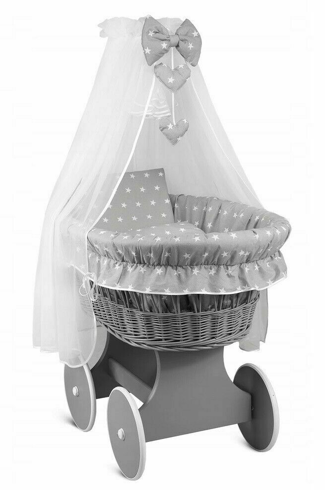 Grey Wicker Wheels Moses Basket Baby+Full Bedding Set Small White Stars On Grey - MyHappy Baby