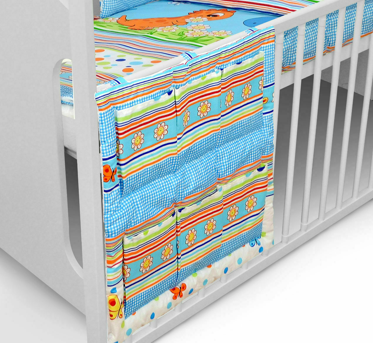 Cot Tidy Organiser Bed Nursery Hanging Storage 6 Pocket 100% Cotton Dino Blue