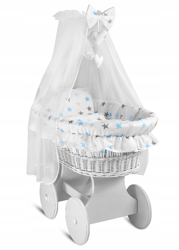 White Wicker Wheels Moses Basket Baby+Full Bedding Set Blue Grey Stars