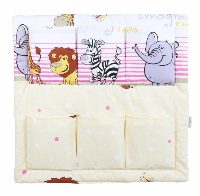 Cot Tidy Organiser Bed Nursery Hanging Storage 6 Pockets Safari Pink