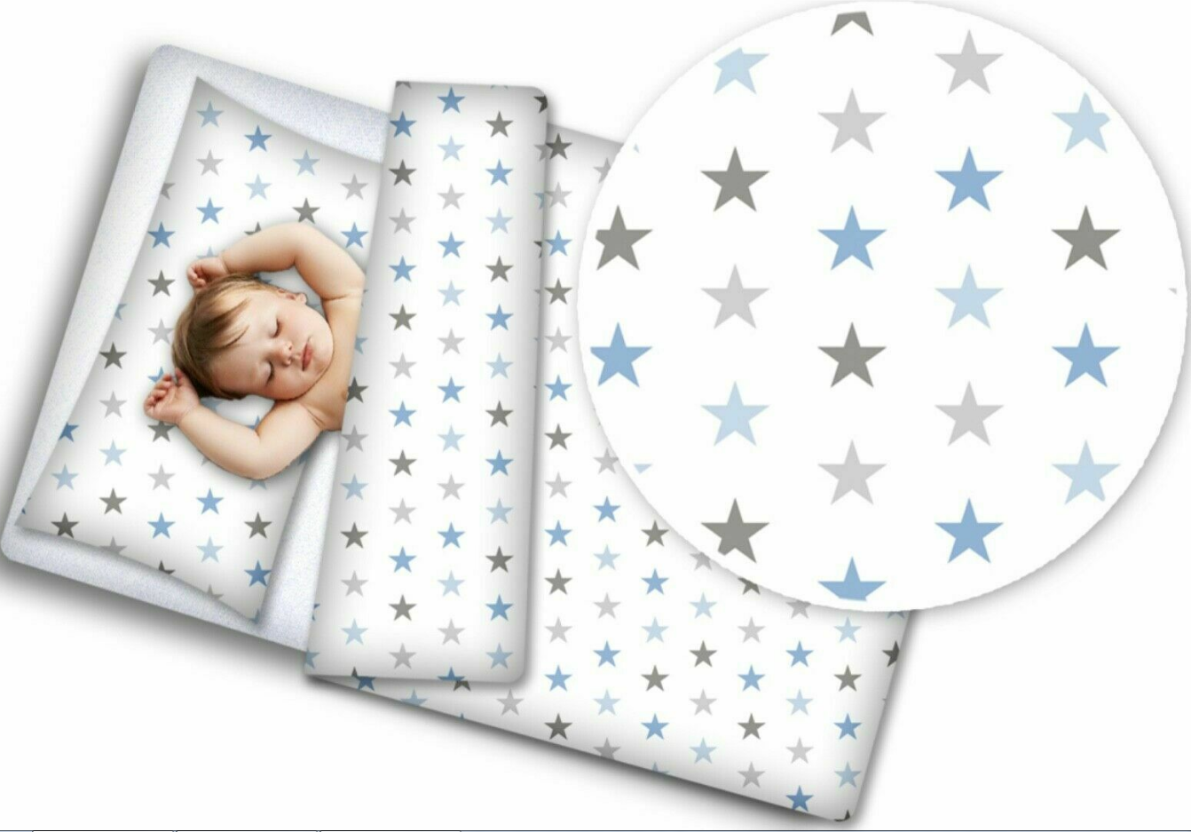 Baby bedding set 2pc 100% cotton pillowcase duvet cover 70x80cm fit crib - Blue Grey Stars