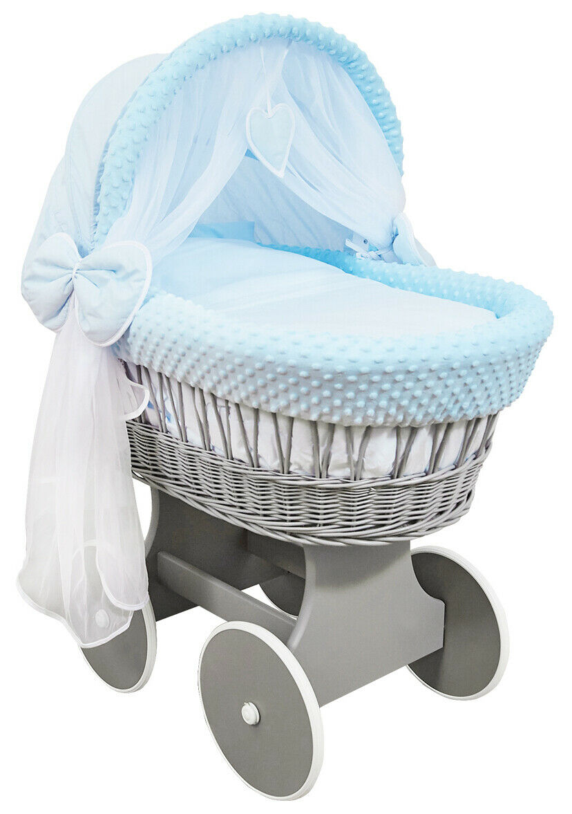Grey Wicker Wheels Crib/Baby Moses Basket & Complete Bedding Blue/Dimple