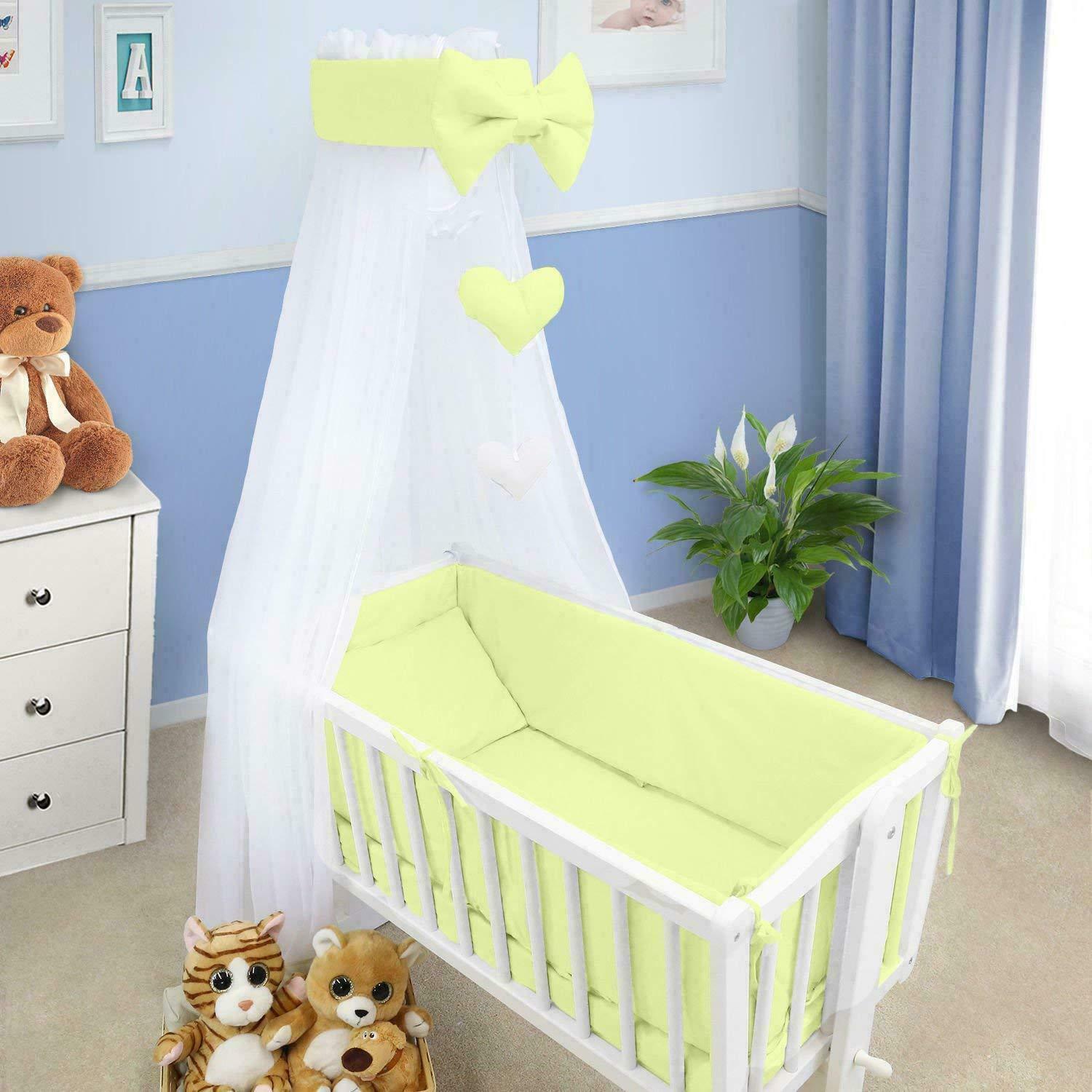 Baby Cot Bedding Set - 10 Piece Including Cot Bumper, Pillow, Duvet and Canopy to Fit 90x40cm Crib Green - 100% Cotton
