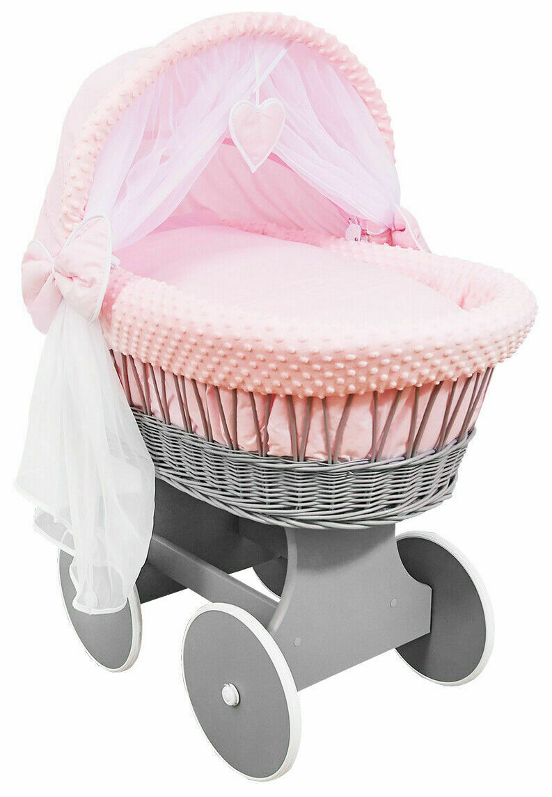 Grey Wicker Wheels Crib/Baby Moses Basket & Complete Bedding Pink/Dimple