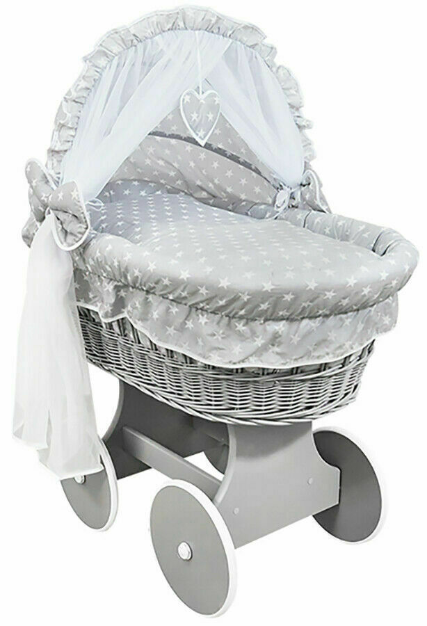 Grey Wicker Wheels Crib/Baby Moses Basket & Bedding White Stars On Grey - 100% Cotton - MyHappy Baby