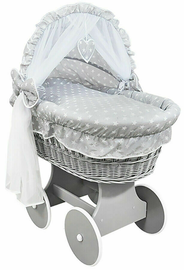 Grey Wicker Wheels Crib/Baby Moses Basket & Bedding White Stars On Grey - 100% Cotton