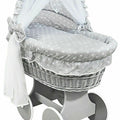 Grey Wicker Wheels Crib/Baby Moses Basket & Bedding White Stars On Grey - 100% Cotton