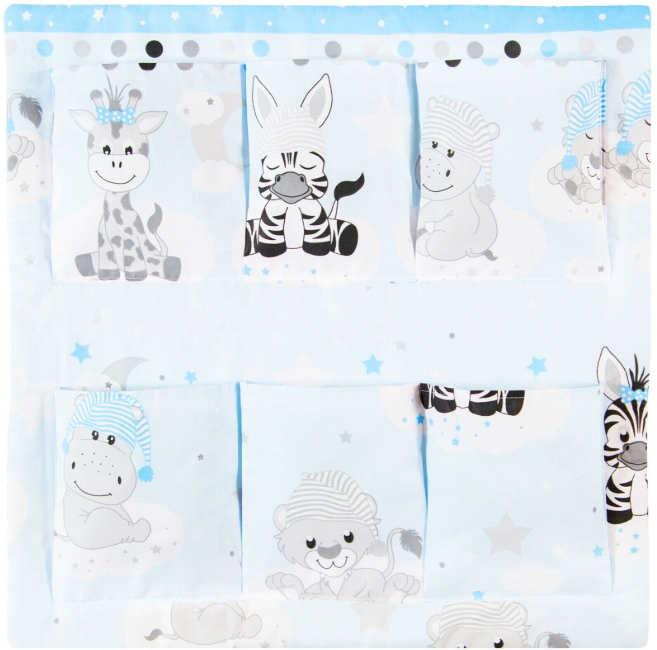 ORGANISER BED NURSERY HANGING STORAGE 6 POCKETS COT TIDY Sweet Animals Blue