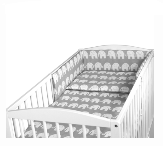 Baby 3Pc Bedding Set Cotton Pillow Duvet Bumper Fit Cot 120x60 Elephants On Grey