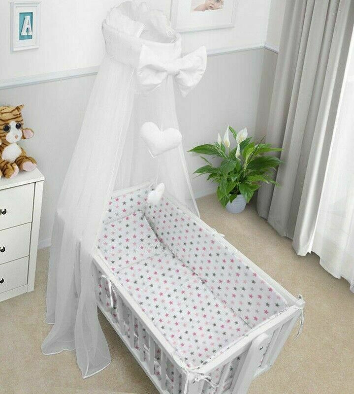Baby Cot Bedding Set - 10 Piece Including Cot Bumper, Pillow, Duvet and Canopy to Fit Crib 90x40cm Grey Pink Stars - 100% Cotton