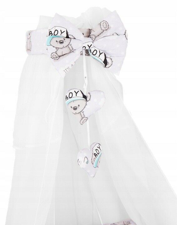 White Wicker Moses Basket Wheel Baby+Full Dimple Bedding Set Teddy Boy Grey - MyHappy Baby