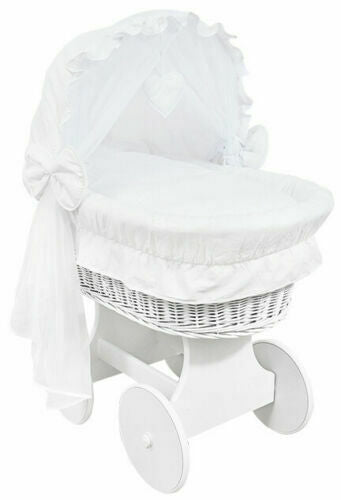 White Wicker Wheels Crib/Baby Moses Basket + Complete Bedding White/Cotton