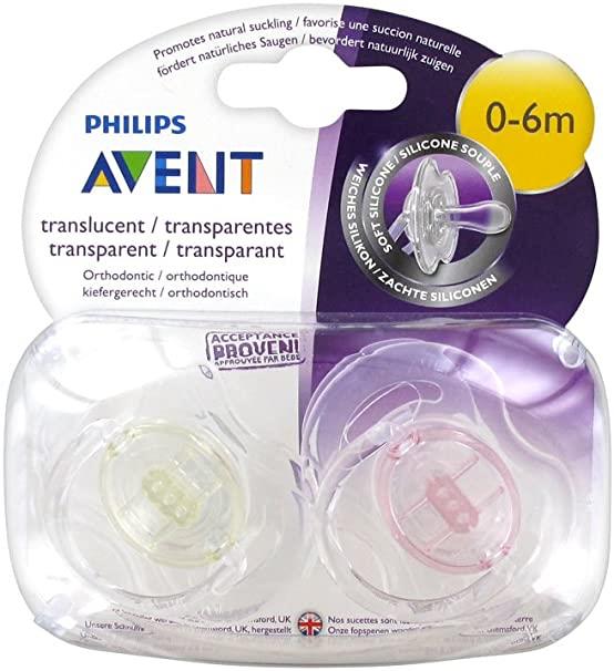 Avent 2 Orthodontic Silicone Classic Transparent Soothers 0-6M - Colour : Yellow + Pink