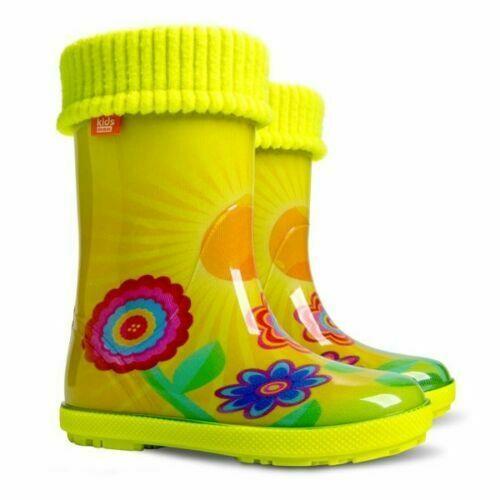 Wellies Kids Rain Snow Boots Removable Inner Lining Socks Wellington Sunny Flowers