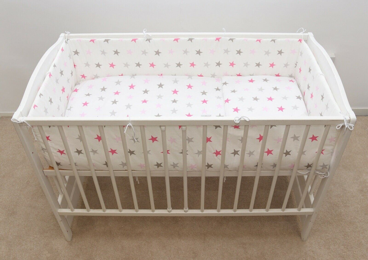Baby 6Pc Bedding Set All-Round Bumper Fit Cotbed 140X70cm Grey Pink Stars