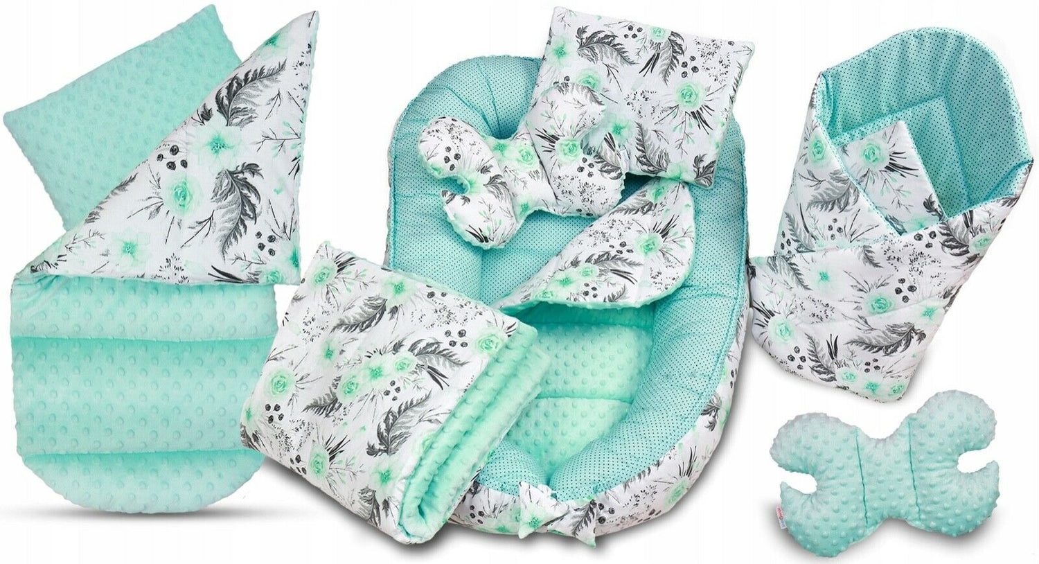 Baby Cocoon set 6pc Double-sided Bed Cushion GREEN FLOWERS