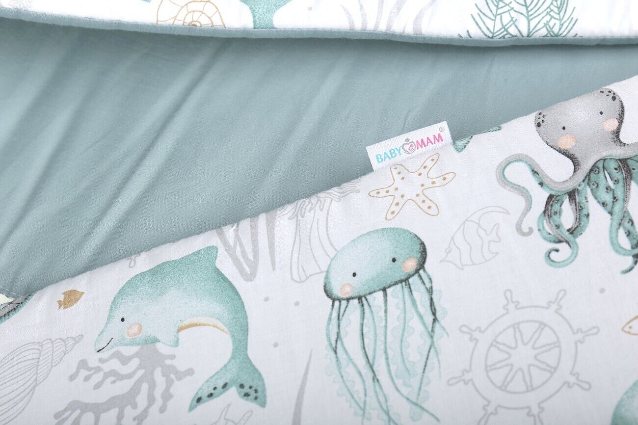 Padded Cot Bumper 180x30cm 100% Cotton Sea life/ Sage