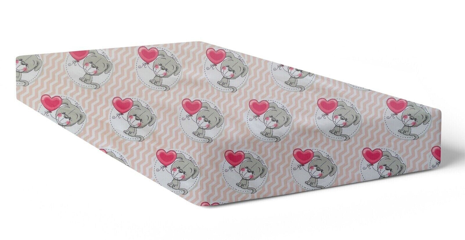 Baby Fitted Sheet Junior Bed 100% Cotton 160x70cm Puppy Chevron Pink
