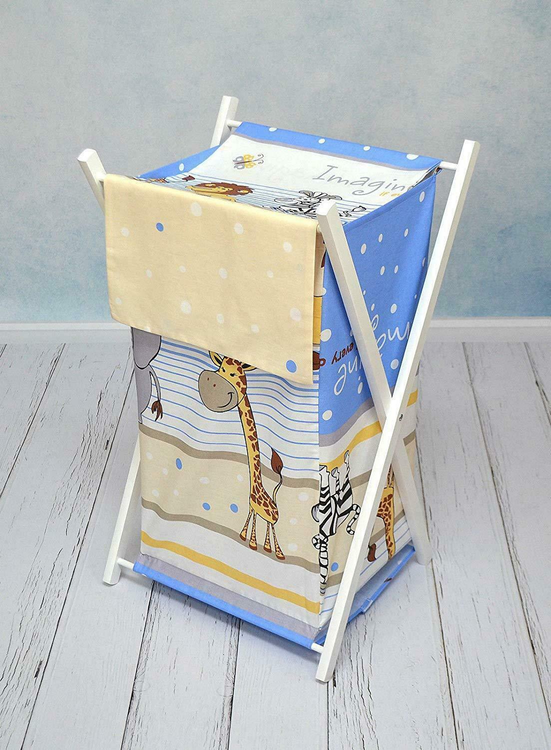 Laundry Basket with white wooden frame and storage removable linen SAFARI BLUE