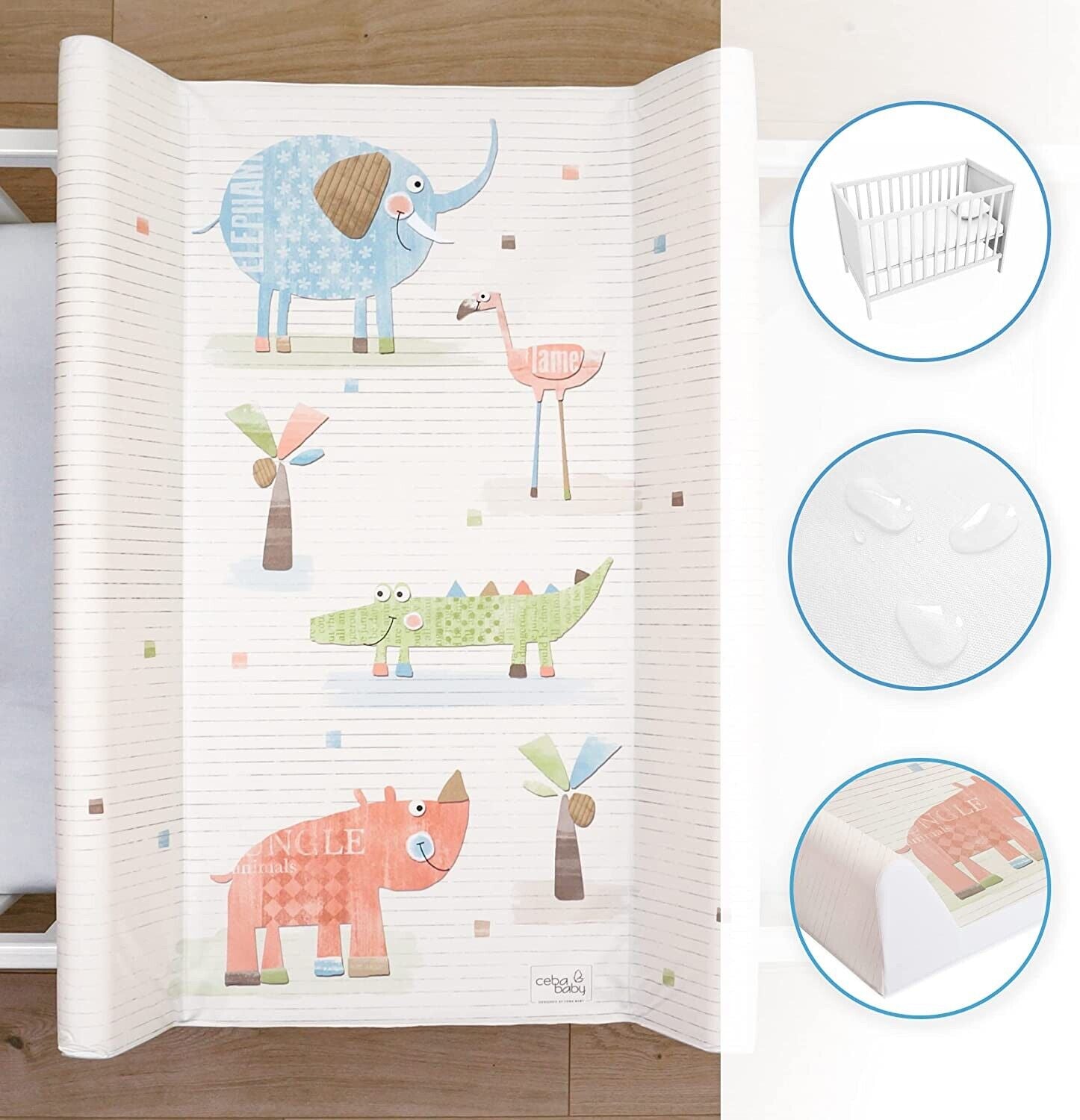 Baby Changing mat Hard Base Nursery Padded 70x50cm Fit Cot Gang Elephant ecru