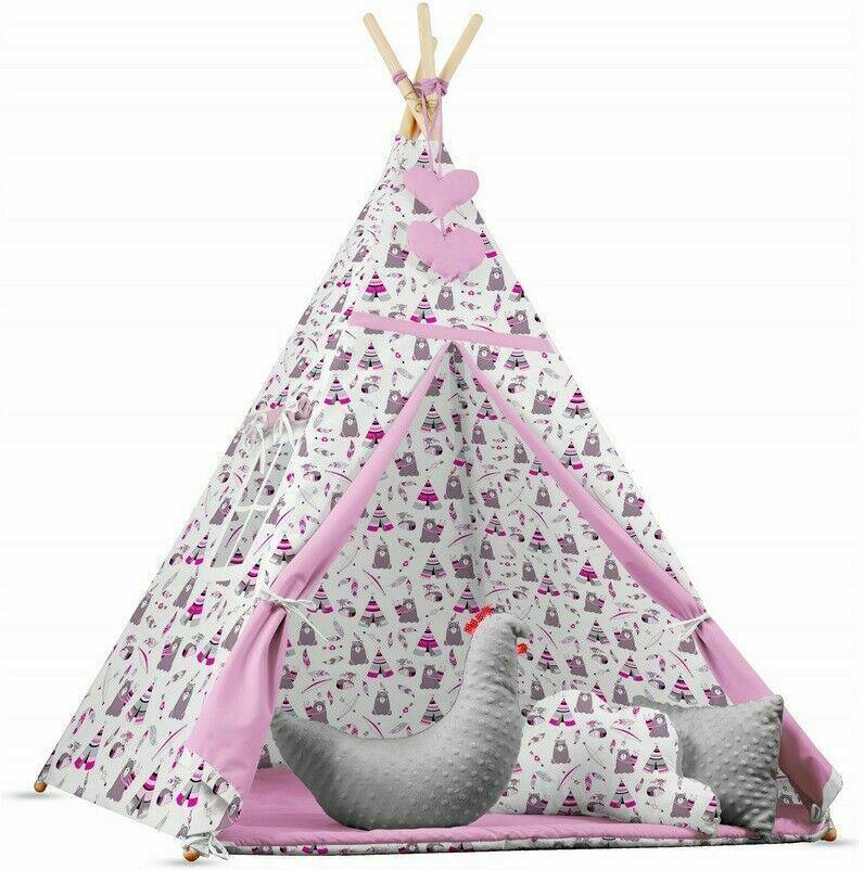 Teepee Wigwam Indoor Outdoor Kids Playhouse Tent With Three Cushions Indian Sleep Pink